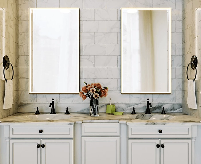 A bathroom with two sinks and a rectangular custom lighted mirror in Canberra.