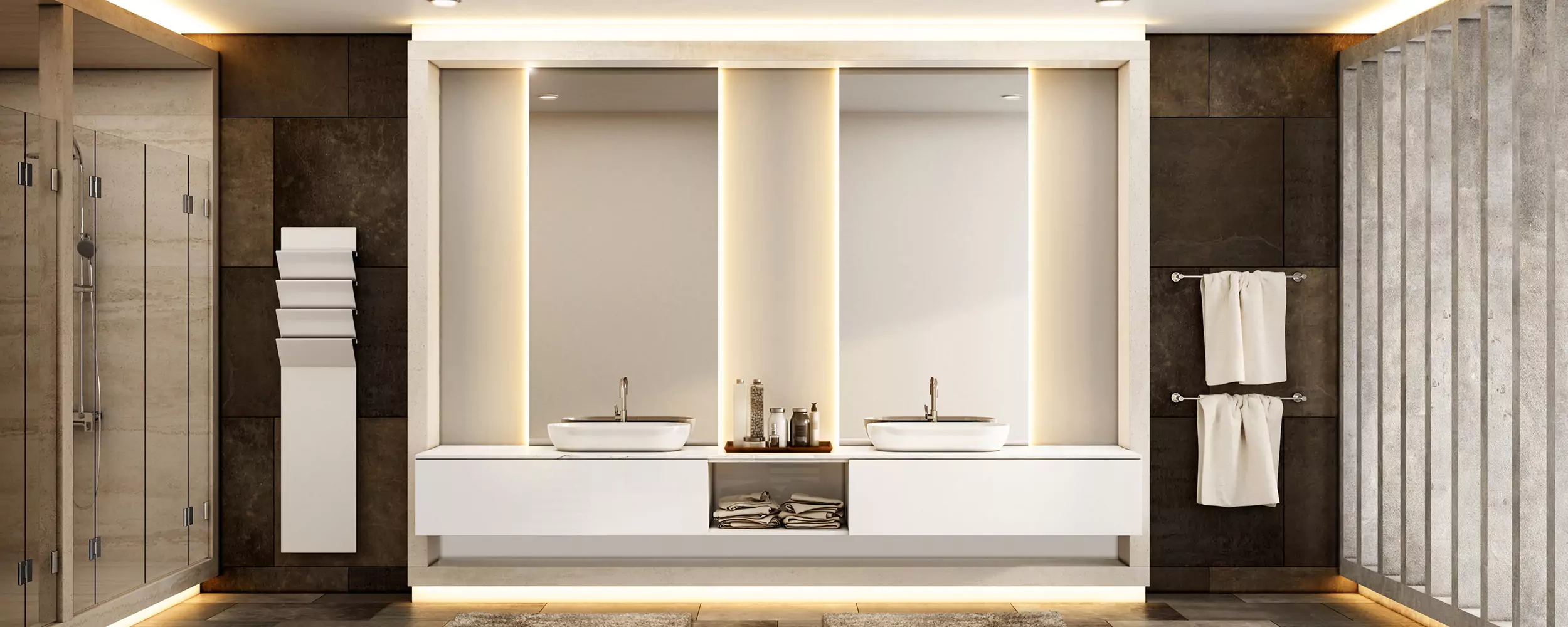 A modern bathroom featuring a large premium backlit mirror and a sink in Brisbane.