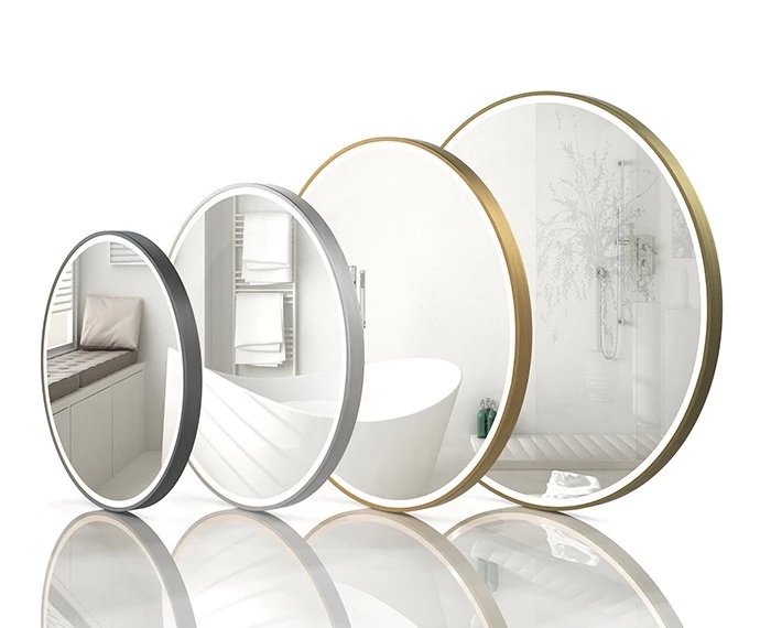 Round shape lighted mirrors with different sizes and frame colors in Newcastle.