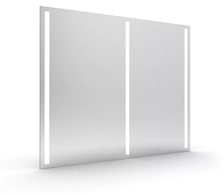 An illuminated square mirror on a white background in Victoria, showcasing a rounded cut edge.