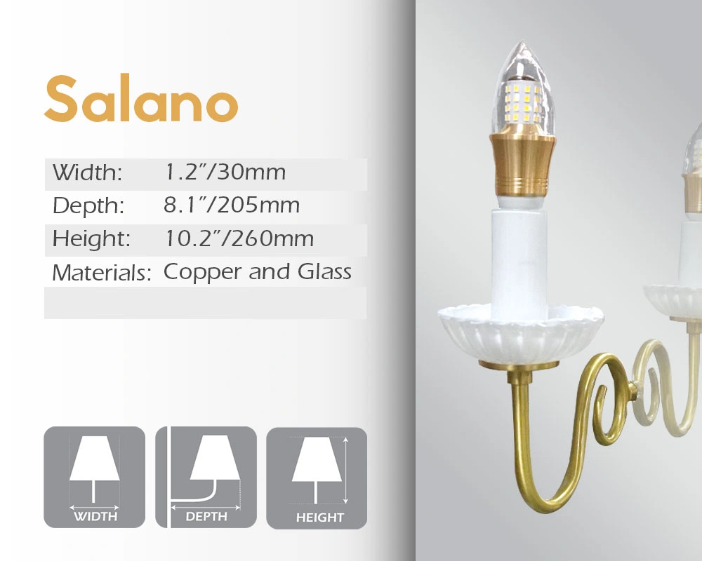 Salano mirror lamp, with its width, depth, and height, is made of copper and glass.