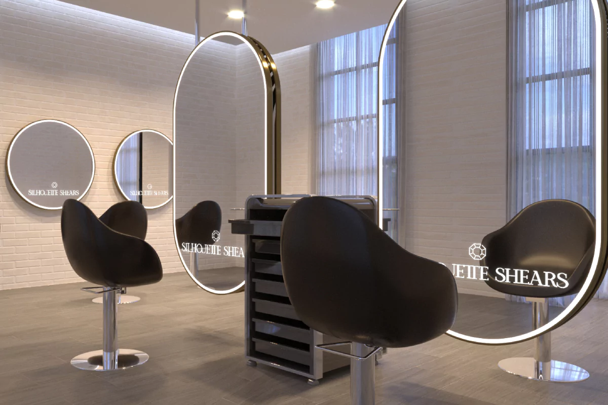 Interior of a salon with chairs and mirrors featuring a LED light logo in Wellington.