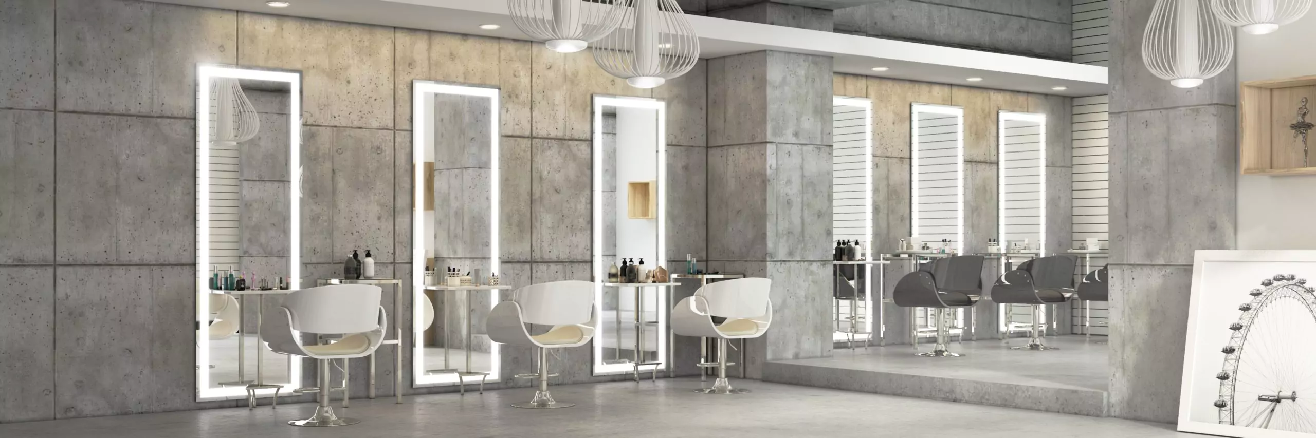 A contemporary salon featuring a large LED mirrors with a small table in front in Canberra.