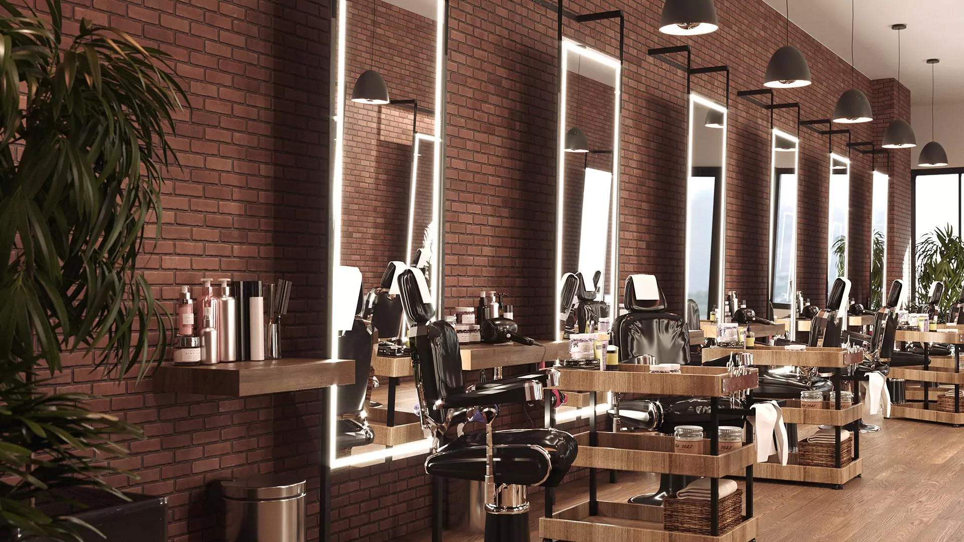 Six LED mirrors with black salon chairs and a wooden cart in front of each mirror in Queensland.