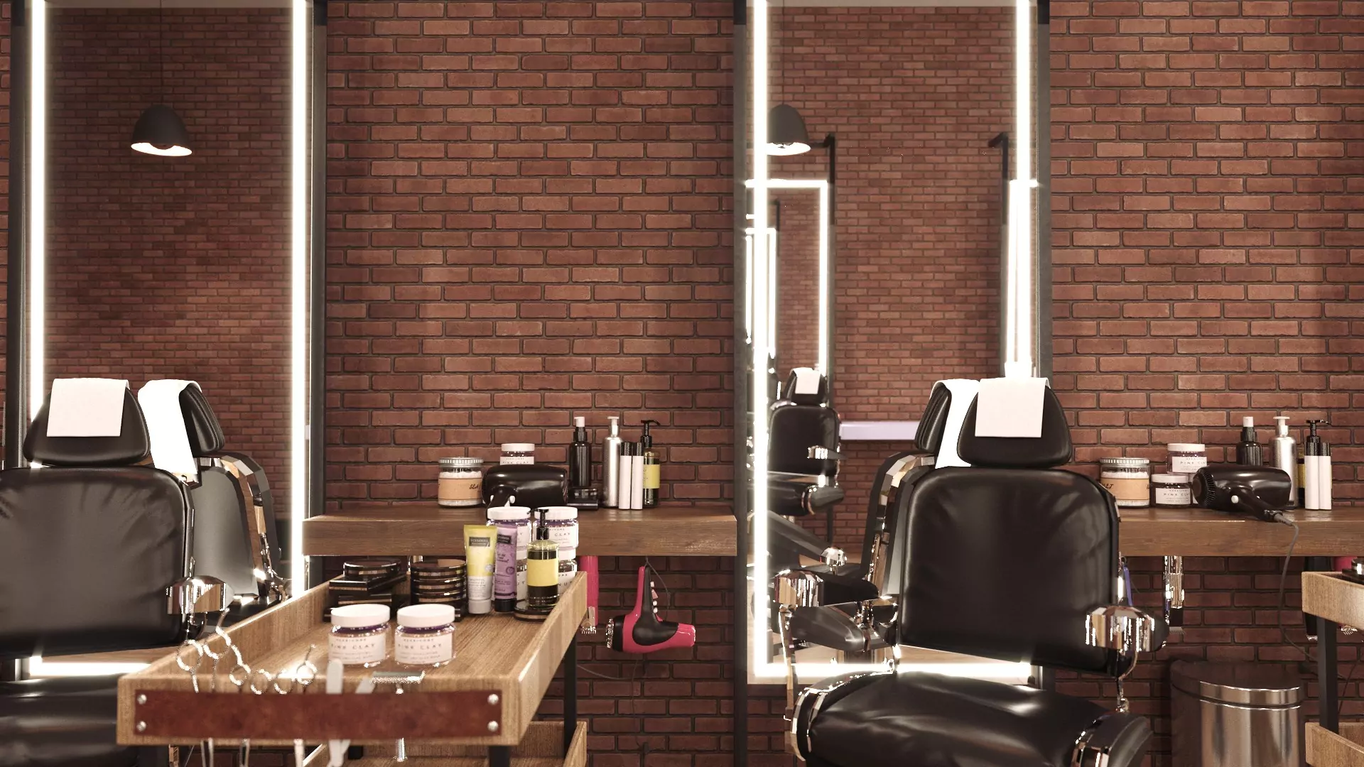 Salon lights for mirror in front against brick wall surrounded by beauty essentials in Hobart.