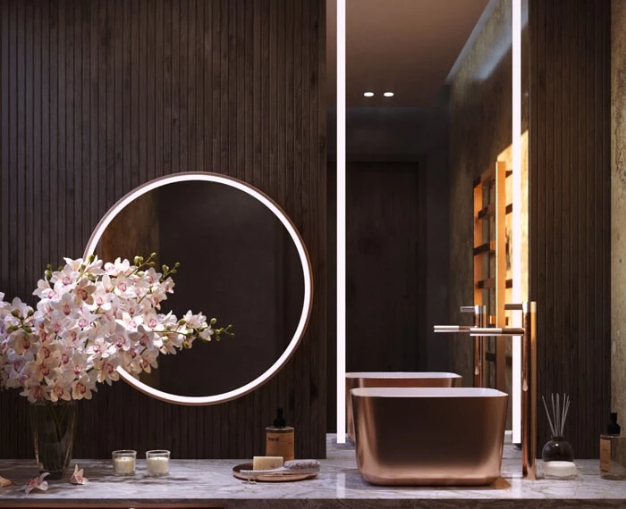 Sleek bathroom interior showcasing a round lighted mirror and modern sink in Queensland.