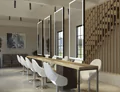 Preview of four salon LED mirrors with a wooden table below surrounded by ten chairs in Queensland.