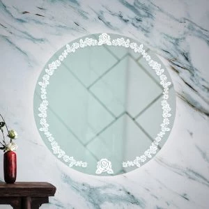 Classy French design circle-shaped backlit mirror mounted on a porcelain tiled wall.