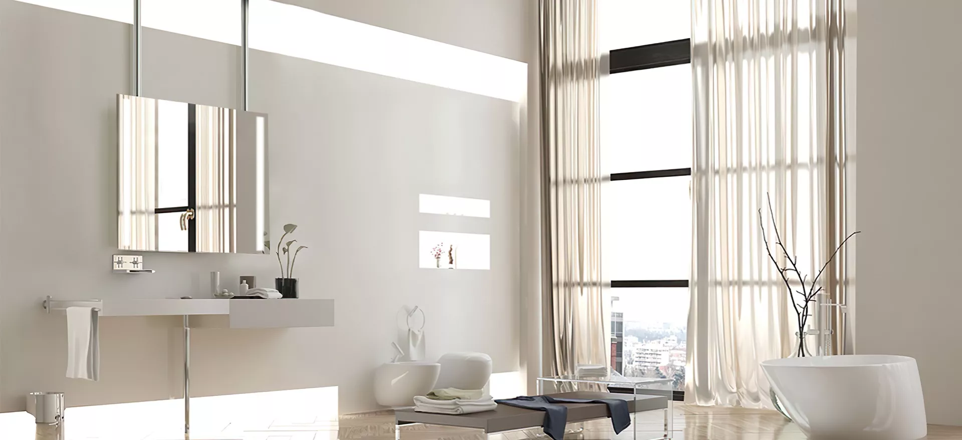 Minimalist bathroom in Adelaide with ceiling mounted stainless steel mirror.