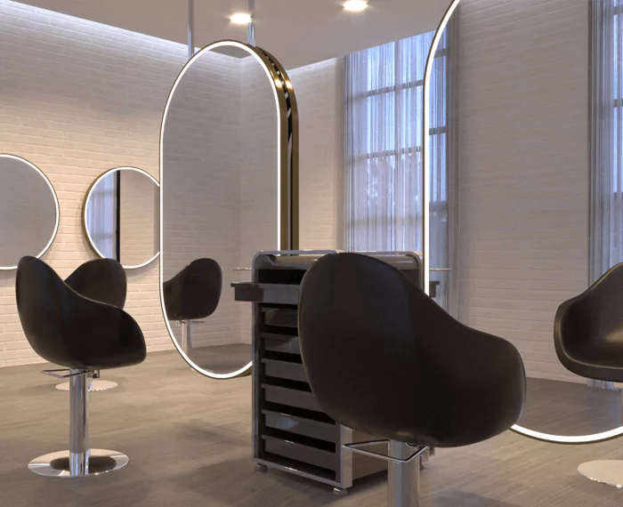 Black salon trolley in between oval LED salon mirrors with black stool in each front in Sydney.