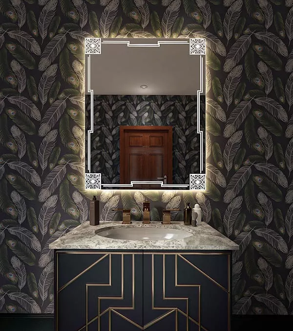 Black and gold patterned wallpaper behind bathroom vanity with light up mirror for wall in Canberra.