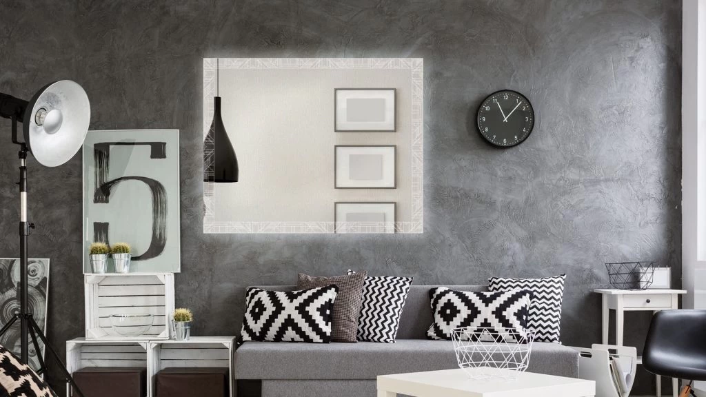 Modern black and white decor living room, featuring mirror with built in light in Lismore.