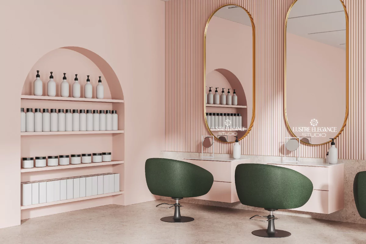 A stylish pink and green salon showcasing rounded mirrors with perfect led light logo in Perth.