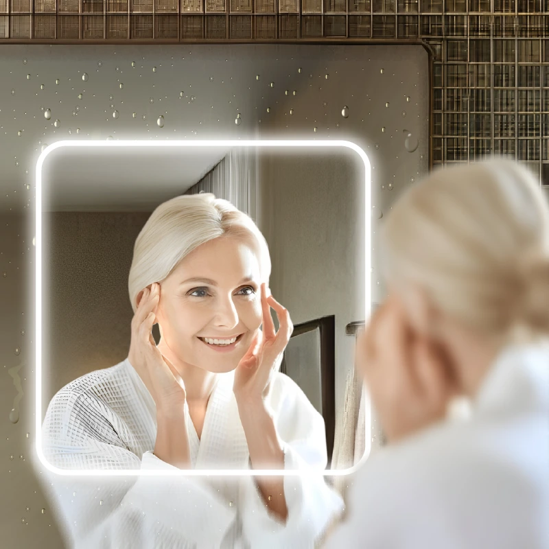 A woman smiles joyfully as she gazes into a mirror, reflecting her happiness in Sydney.