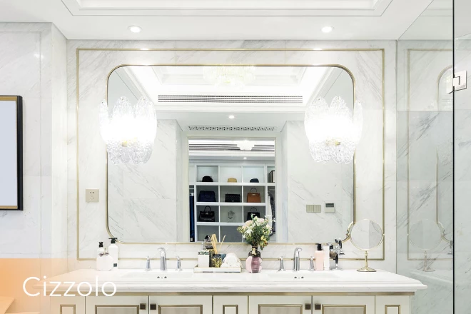 Sydney classic bathroom with a Cizzolo vanity LED mirror lamp and double sinks.