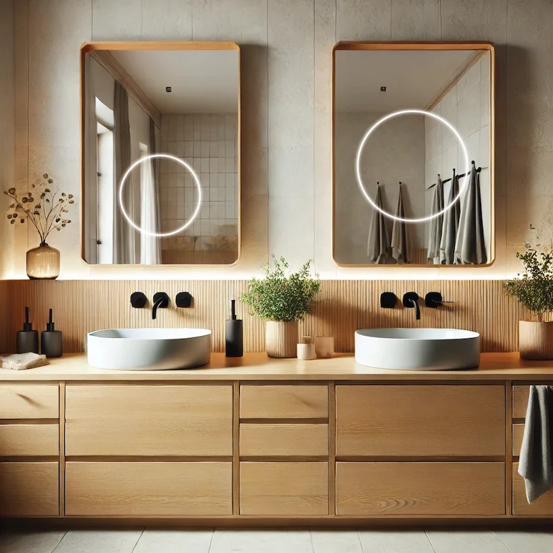 Bathroom with sinks and mirrors, enhanced by wooden cabinets in Sydney.