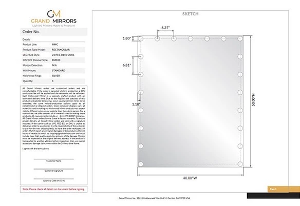 An order illustration of a rectangular Grand Mirrors Hollywood mirror in Sydney.