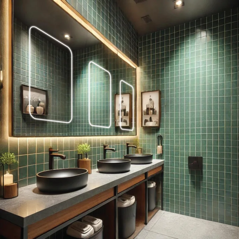 Bathroom lit mirror, and sleek black sink, creating a modern atmosphere in Sydney.