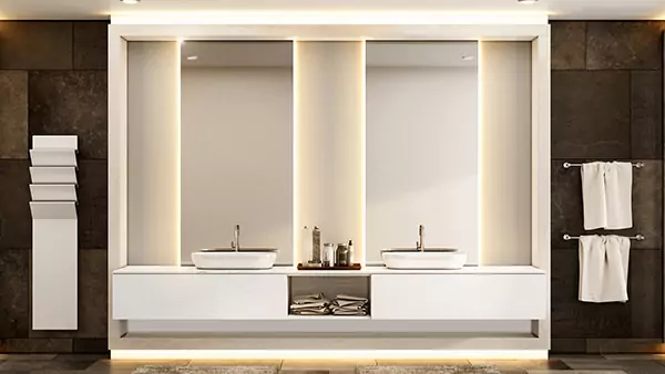 Contemporary dark bathroom featuring a premium backlit mirror and dual sinks in Sydney.