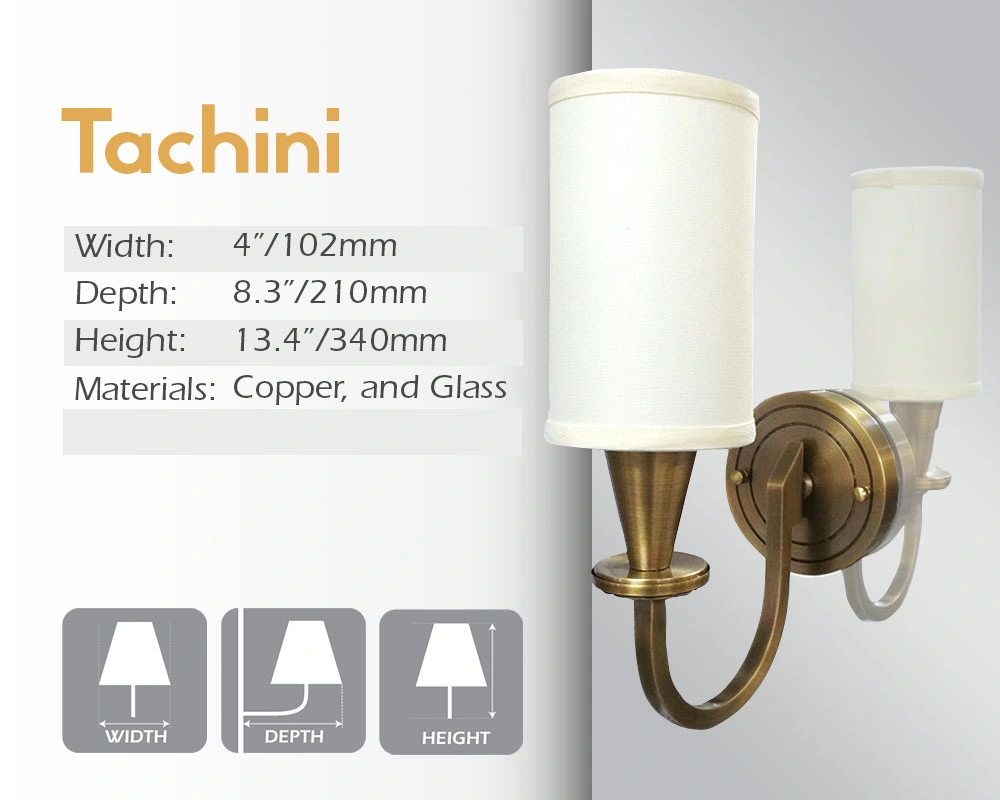 Tachini mirror lamp, with its width, depth, and height, is made of copper and glass.