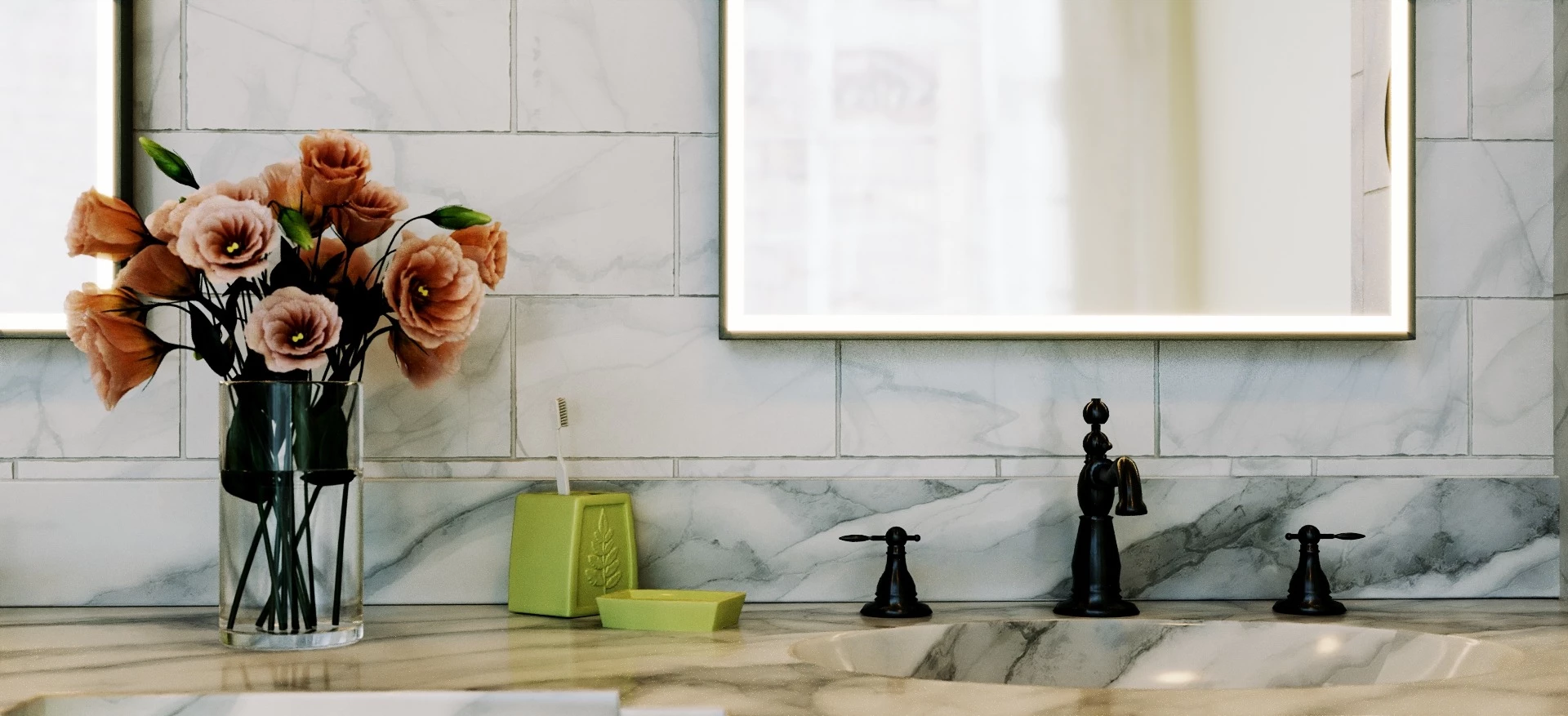 Tasmania elegant bathroom featuring marble counter tops, and aluminium framed mirror.