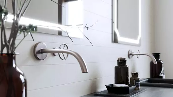 A minimalist bathroom featuring two sinks and a well-lit mirror in Tasmania.