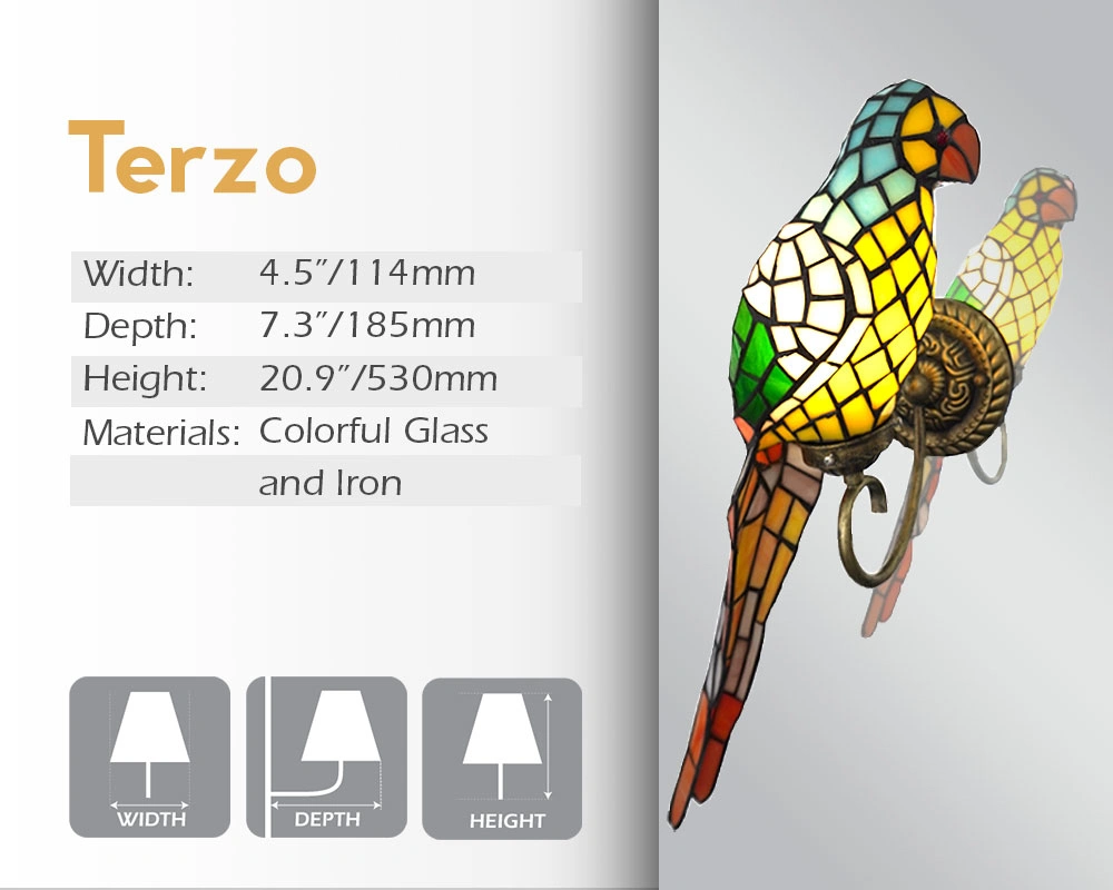 Terzo mirror lamp, with its width, depth, and height, is made of colorful glass and iron.