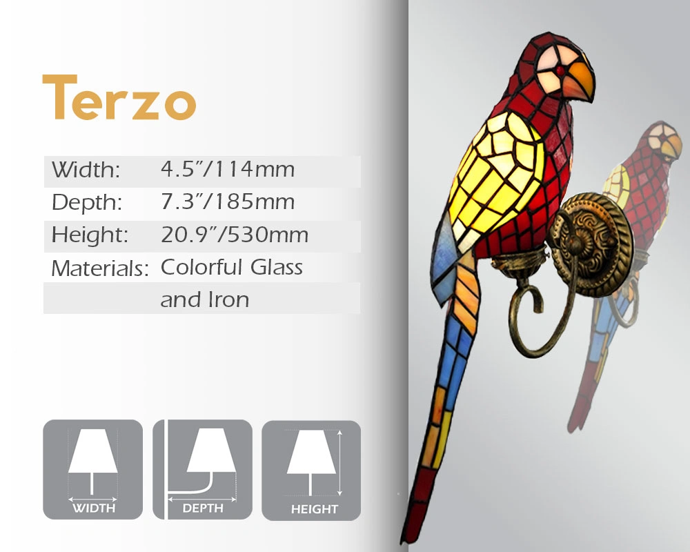 Terzo mirror lamp, with its width, depth, and height, is made of colorful glass and iron.