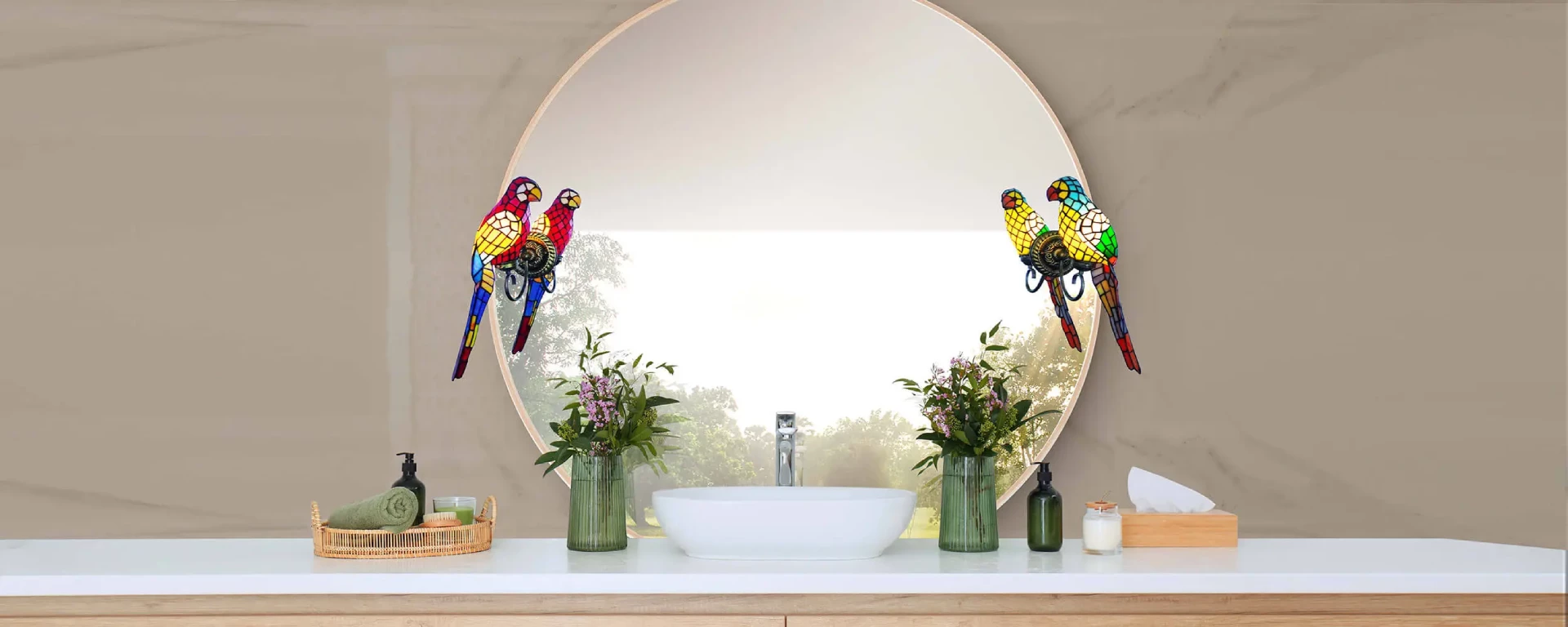 A modern Canberra bathroom features a large round mirror on the wall with two Terzo attached to it.