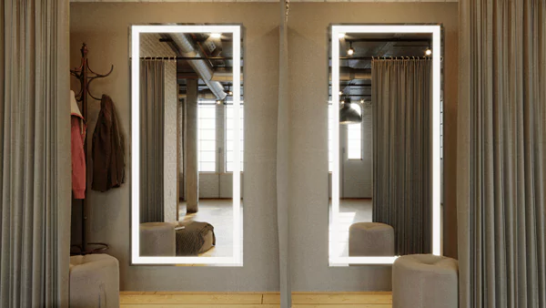 Thumbnail of full length illuminated mirrors in a fitting room with a brown stool in Canberra.