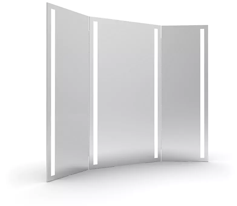 Trifold lighted mirror with three panels on a white surface in Melbourne.