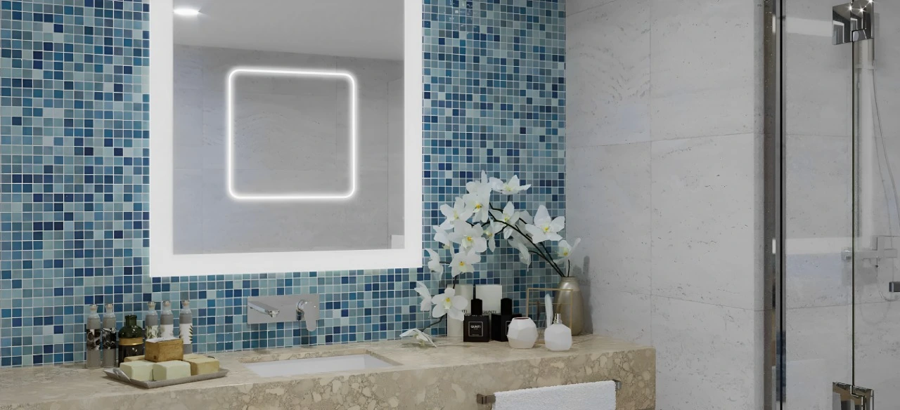 Bathroom featuring a modern sink and a large mirror reflecting the bright, well-lit space in Victoria.