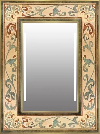 Illuminated mirror with a nude frame and intricate scroll ceramic frame design in Victoria.