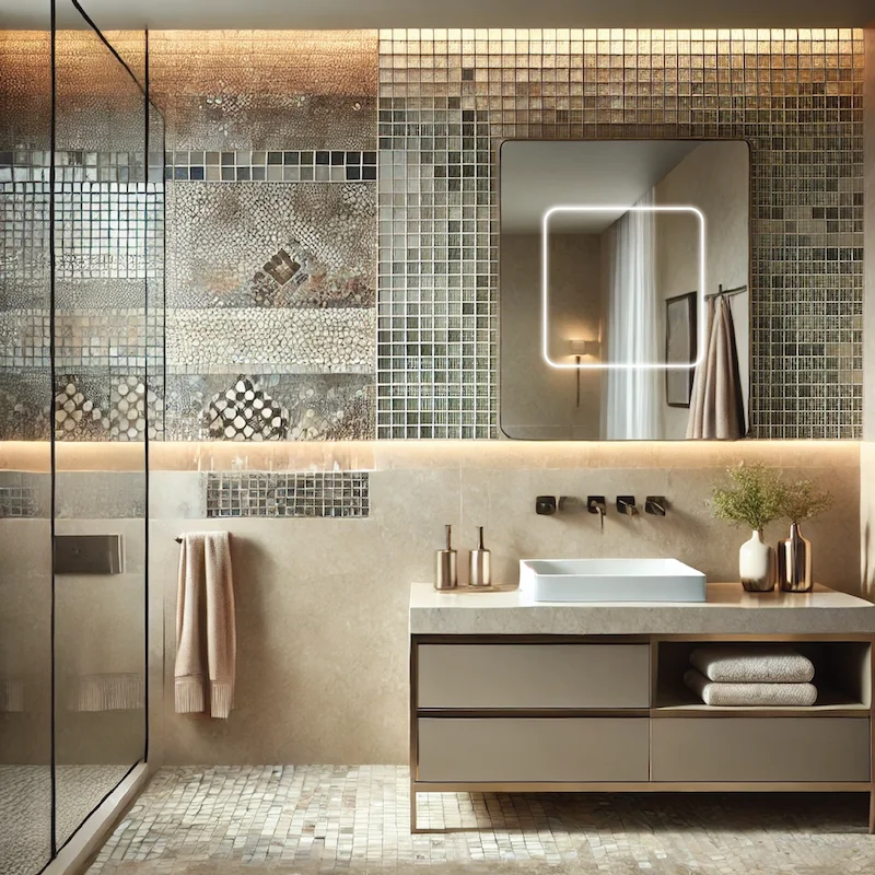 Modern bathroom with a shower, lighted mirror, offering a clean and stylish aesthetic in Victoria.