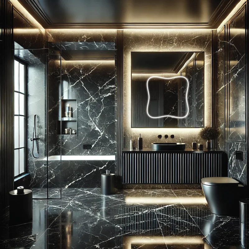 Bathroom with lighted mirror, and flooring, highlighting a refined aesthetic in Wellington.