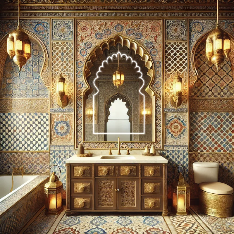 Bathroom with tile walls, a lighted mirror, intricate designs, and elegant gold accents in Wellington.